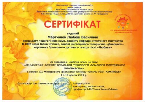 сертифікат за проведення майстер-класу Мартинюк
